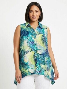 Catherines Green & Blue Tropical Top Sz 22/24 Resortwear